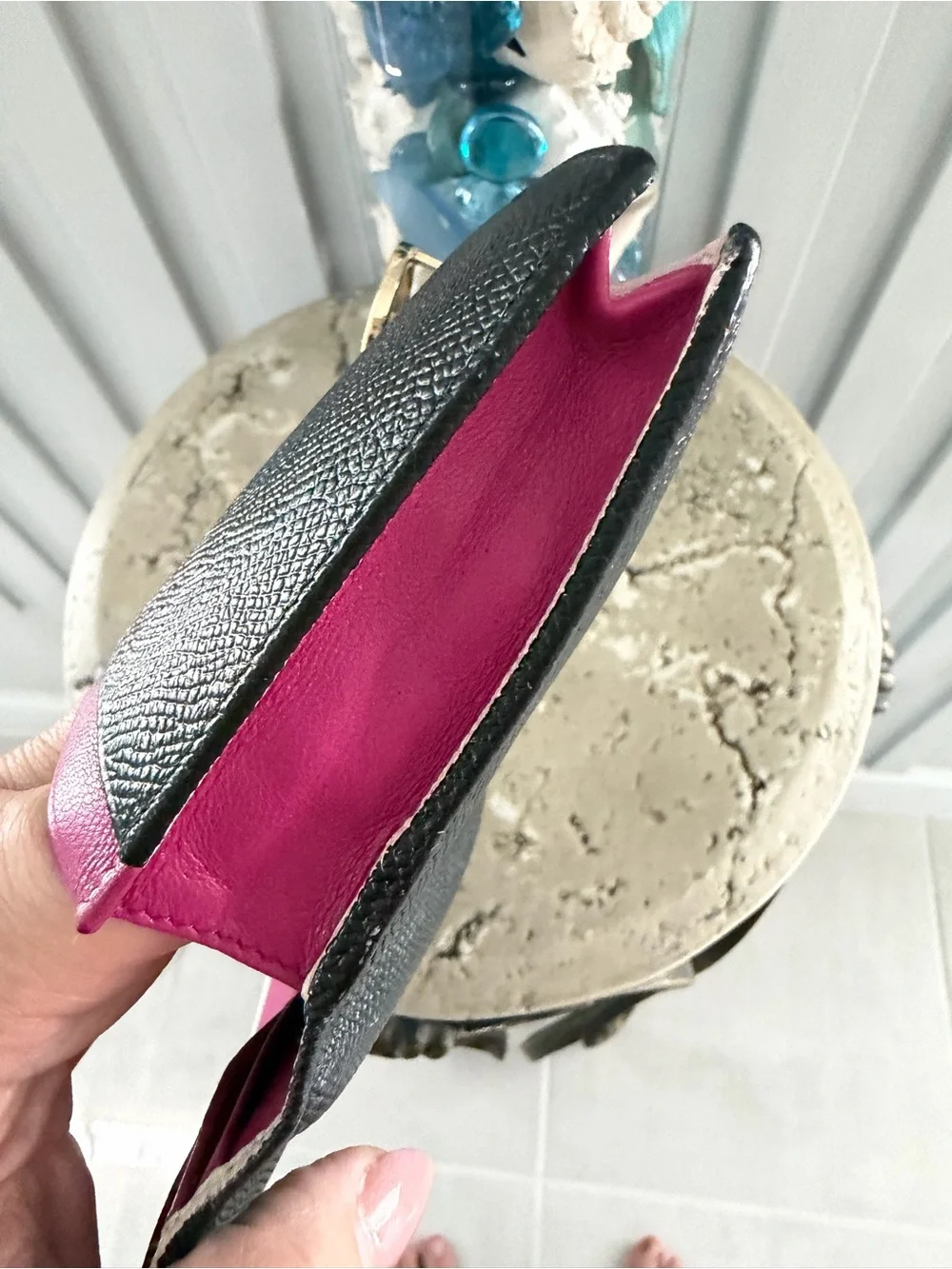 Authentic Bulgari Black Leather Wallet with Gold Clasp and Hot Pink Interior